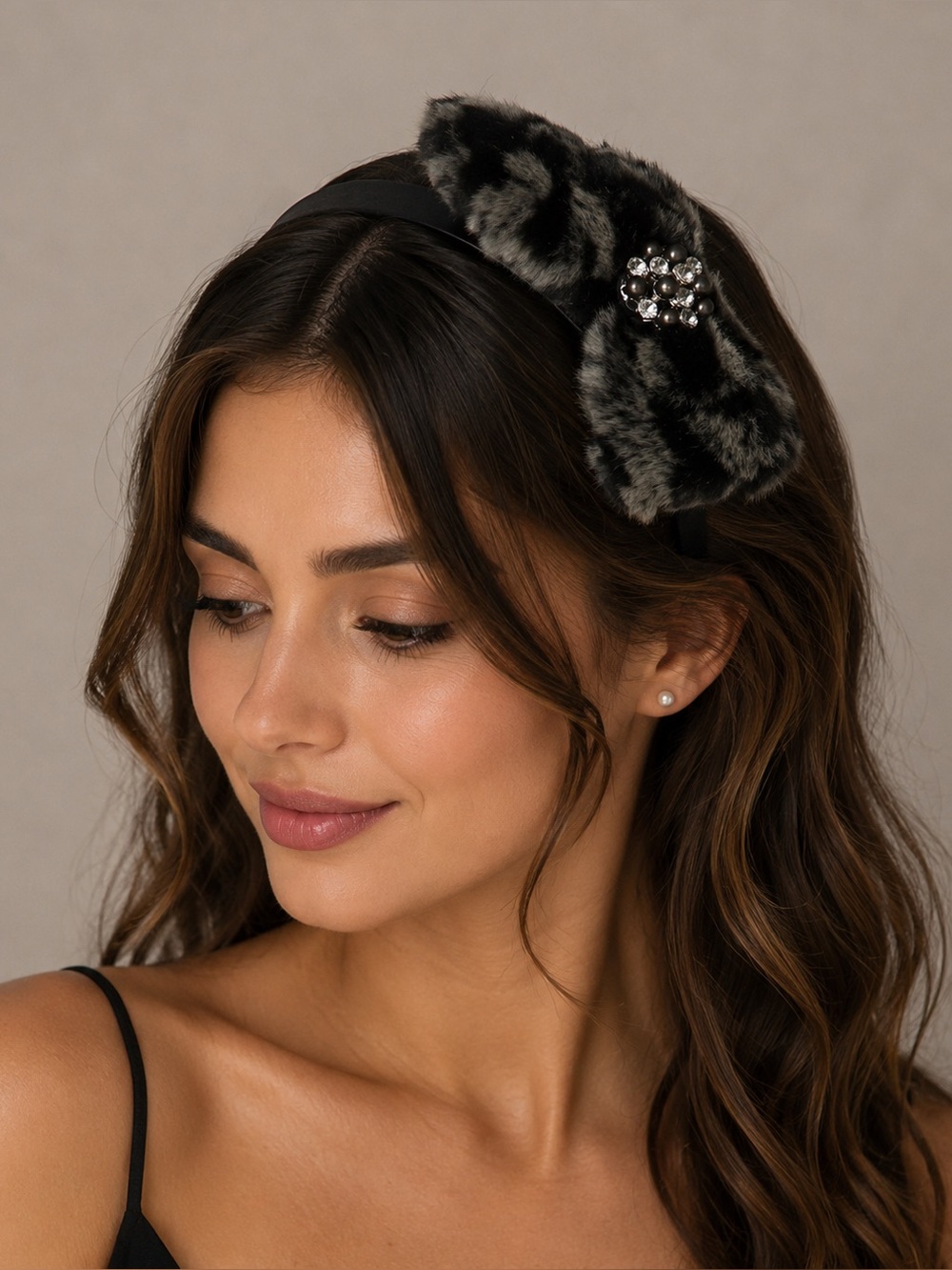 Faux Fur Bow Headband with Crystal Accent - Brown/Black